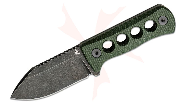 QSP Knives Canary Neck Knife 2.5 inch 14C28N Black Stonewashed Drop Point Blade, Green Micarta Handles, Kydex Neck Sheath