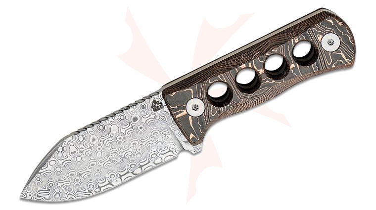 QSP Knives Canary Neck Knife 2.5 inch Damascus Drop Point Blade, Copper Foil Carbon Fiber Handles, Kydex Neck Sheath