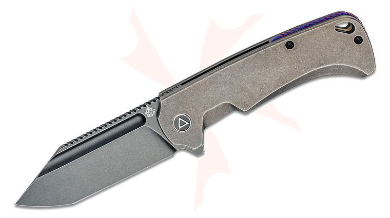 QSP Knives Rhino Flipper Knife 3.25 inch M390 Black Stonewashed Flat Ground Clip Point Blade, Black Stonewashed Titanium Handles, Mokuti Backspacer and Clip