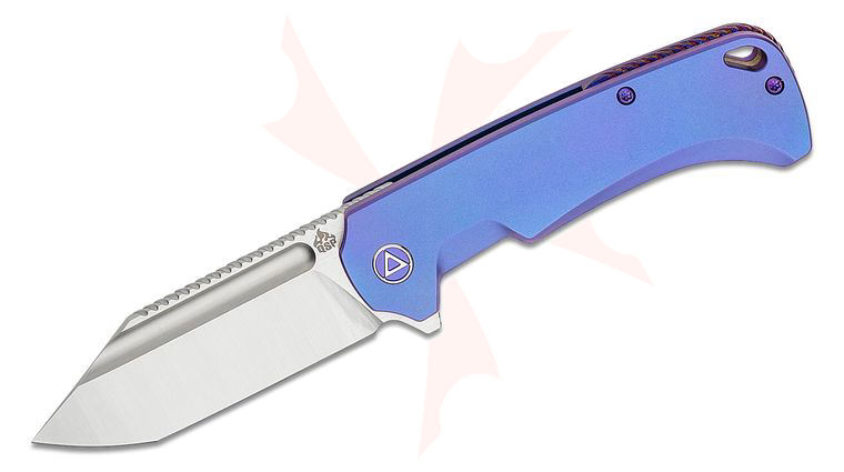 QSP Knives Rhino Flipper Knife 3.25 inch M390 Satin Flat Ground Clip Point Blade, Purple Titanium Handles, Mokuti Backspacer and Clip
