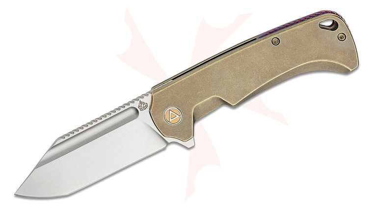 QSP Knives Rhino Flipper Knife 3.25 inch M390 Stonewashed Flat Ground Clip Point Blade, Bronze Stonewashed Titanium Handles, Mokuti Backspacer and Clip