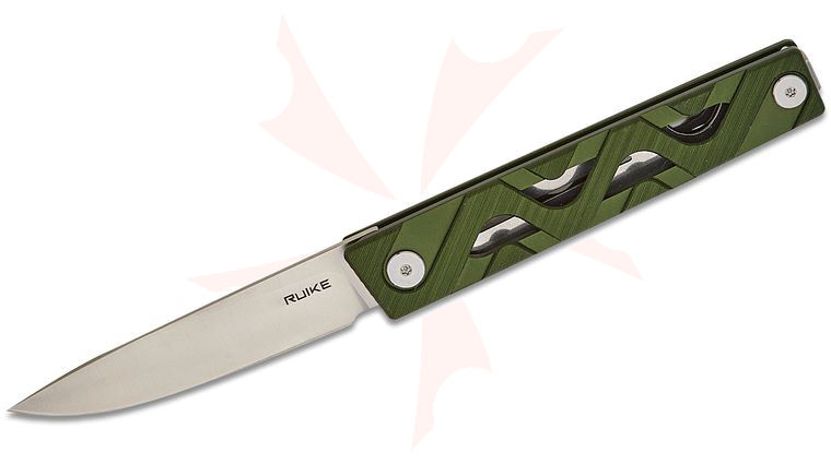 RUIKE Knives P878-AG Flipper Knife 3.4 inch 14C28N Satin Drop Point Blade, Green Aluminum Alloy Handles