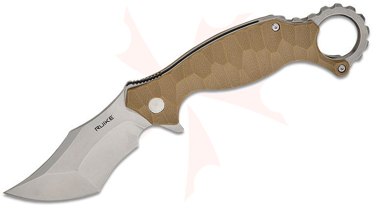 RUIKE Knives P881 Karambit Flipper Knife 2.97 inch 14C28N Stonewashed Recurve Tanto Blade, Sand G10 Handles with Pinky Ring