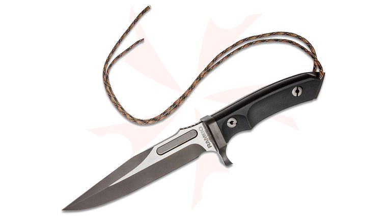 Rambo Last Blood Bowie 8 inch Two-Tone Blade, Black G10 Handles, Black Leather Sheath