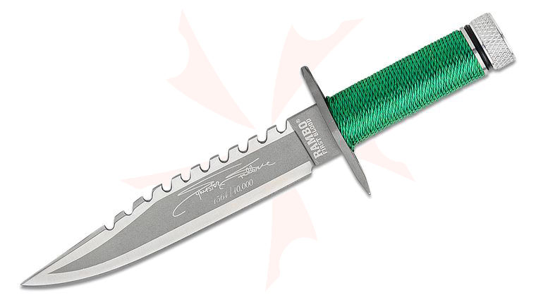 Rambo First Blood Mini Sylvester Stallone Signature Edition 3.25 inch Two-Tone Sawback Blade, OD Green Nylon Cord Handle, Leather Sheath