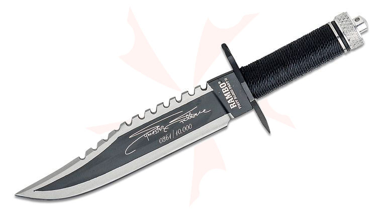 Rambo First Blood Part II Mini Sylvester Stallone Signature Edition 3.5 inch Two-Tone Sawback Blade, Black Nylon Cord Handle, Leather Sheath