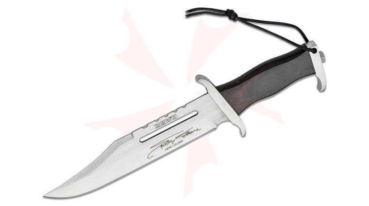 Rambo III Mini Sylvester Stallone Signature Edition 4.75 inch Satin Blade, Hardwood Handle, Leather Sheath