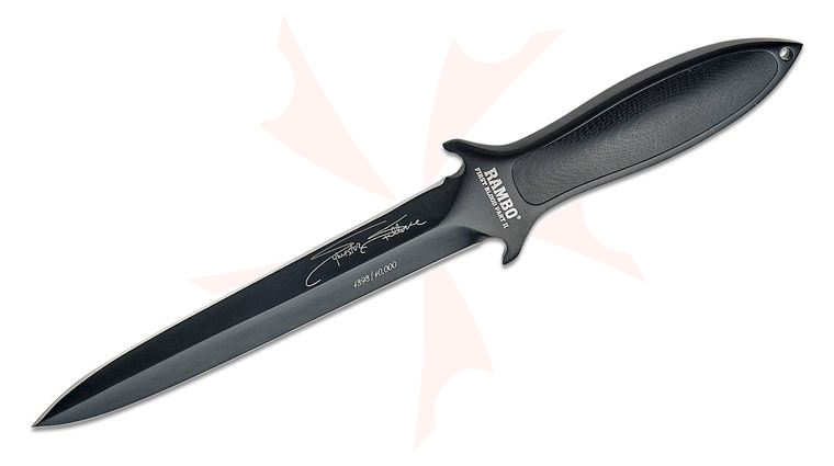 Rambo First Blood Part II Sylvester Stallone Signature Edition Boot Knife 6.15 inch Black Double-Edge Blade, Single Piece Construction with Micarta Inlay, Black Leather Sheath