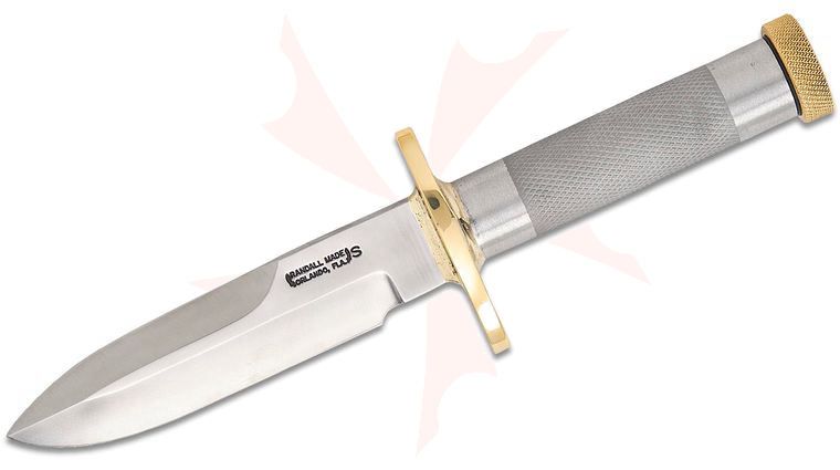Randall Made Knives Custom Model 18 Attack Survival Fixed Blade Knife 5.5 inch Stainless Steel Spear Point (No Sawtooth) Blade, Knurled Hollow Steel Handle with Compass, Leather Sheath