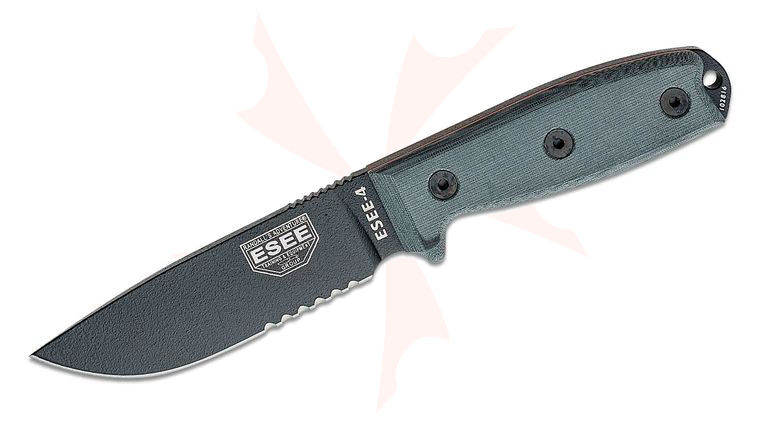 ESEE Knives ESEE-4S 4.5 inch 1095 Black Combo Blade, Canvas Micarta Handles, Black Sheath, Clip Plate