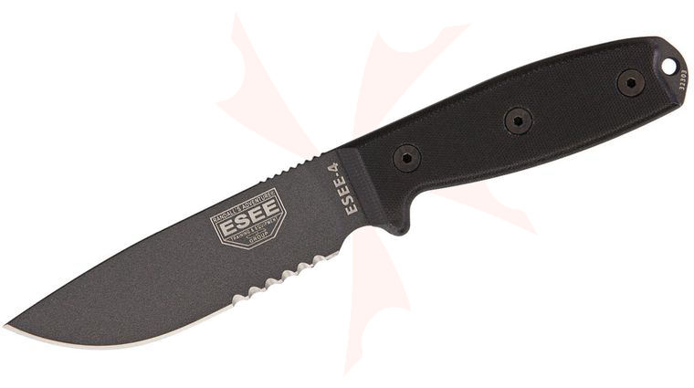 ESEE Knives ESEE-4S-TG-B Gunsmoke Combo Edge, Black G10 Handles, Black Sheath, Clip Plate