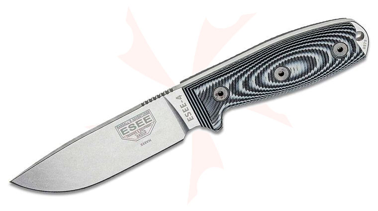 ESEE Knives ESEE-4P35V-002 S35VN Stainless Plain Edge, 3D Machined Gray/Black G10 Handles, Black Sheath, Clip Plate