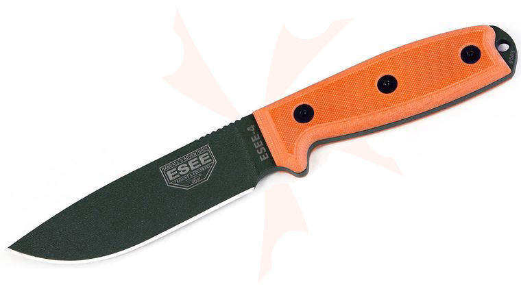 ESEE Knives ESEE-4P-MB-OD OD Green Plain Edge, Orange G10 Handles, Black Sheath, MOLLE Back and Clip Plate