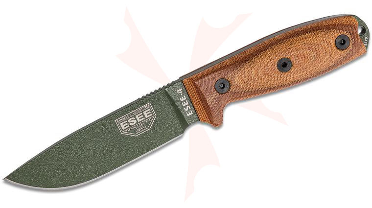 ESEE Knives ESEE-4POD-011 OD Green Plain Edge, 3D Machined Natural Canvas Micarta Handles, Black Sheath, Clip Plate