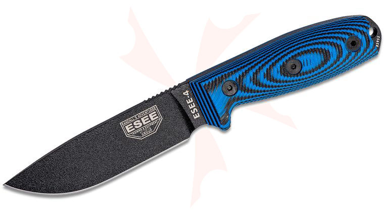 ESEE Knives ESEE-4PB-008 4.5 inch 1095 Black Plain Edge, 3D Machined Blue/Black G10 Handles, Black Sheath, Clip Plate