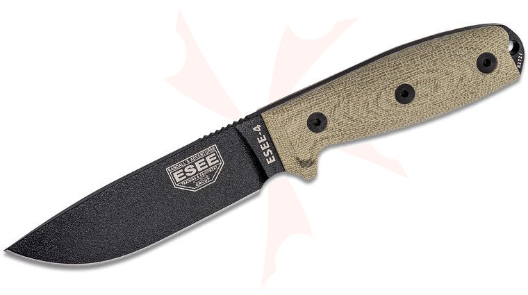 ESEE Knives ESEE-4PB-017 Black Plain Edge, 3D Machined Green Canvas Micarta Handles, Black Sheath, Clip Plate
