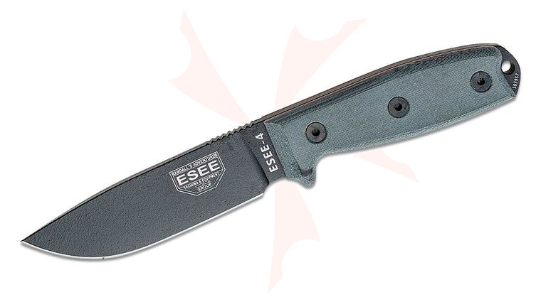 ESEE Knives ESEE-4P 4.5 inch 1095 Black Plain Blade, Canvas Micarta Handles, Black Sheath, Clip Plate