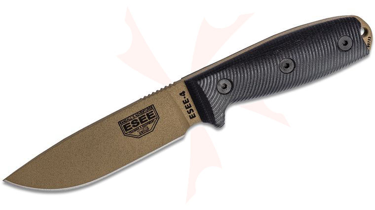 ESEE Knives ESEE-4PDE-001 Flat Dark Earth Plain Edge, 3D Machined Black G10 Handles, Black Sheath, Clip Plate