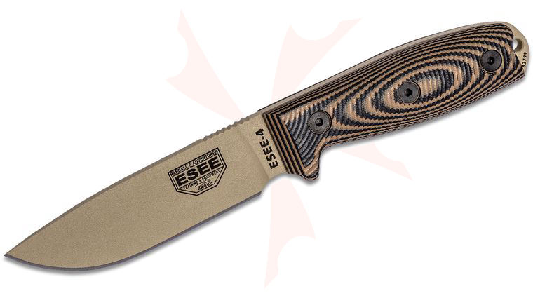 ESEE Knives ESEE-4PDT-005 Desert Tan Plain Edge, 3D Machined Coyote Brown/Black G10 Handles, Black Sheath, Clip Plate