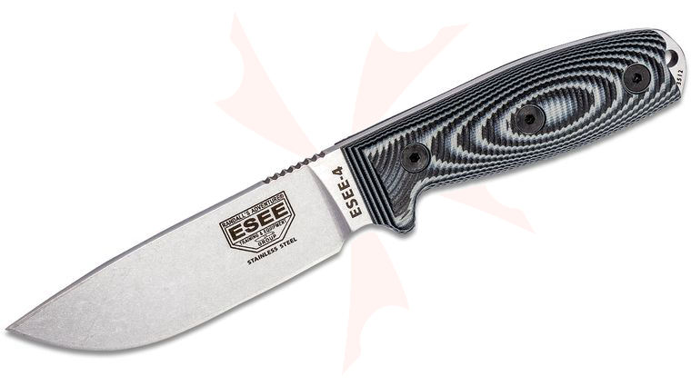 ESEE Knives ESEE-4P-SS-002 440C Stainless Plain Edge, 3D Machined Gray/Black G10 Handles, Black Sheath, Clip Plate