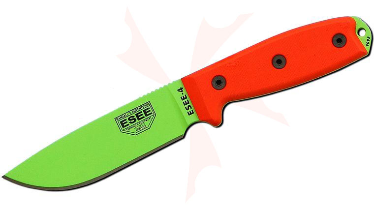 ESEE Knives ESEE-4P-VG Venom Green Plain Edge, Orange G10 Handles, Black Sheath, Clip Plate
