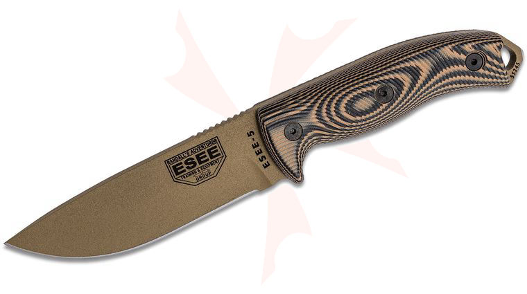 ESEE Knives ESEE-5PDE-005 Flat Dark Earth Plain Edge, 3D Machined Coyote Brown/Black G10 Handles, Black Kydex Sheath, Clip Plate