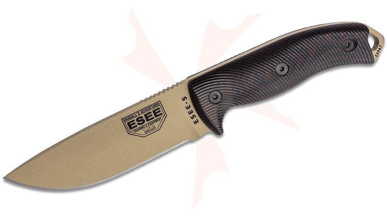 ESEE Knives ESEE-5PDT-004 Desert Tan Plain Edge, 3D Machined Blood Red/Black G10 Handles, Black Kydex Sheath, Clip Plate