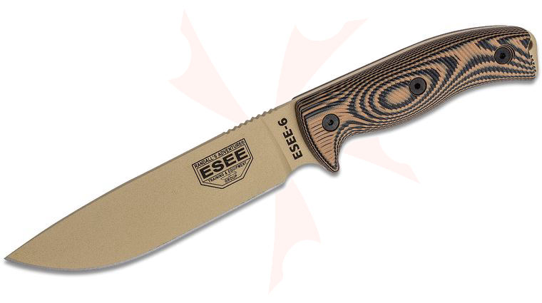 ESEE Knives ESEE-6PDT-005 Desert Tan Plain Edge, 3D Machined Coyote Brown/Black G10 Handles, Black Sheath, Clip Plate