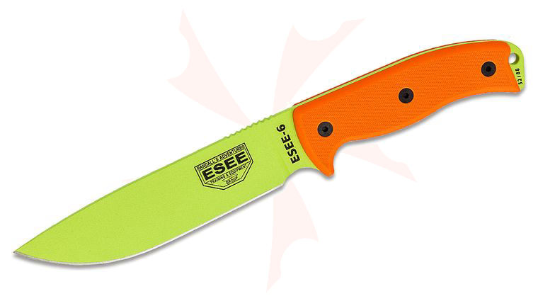 ESEE Knives ESEE-6P-VG Venom Green Plain Edge, Orange G10 Handles, Black Sheath, Clip Plate