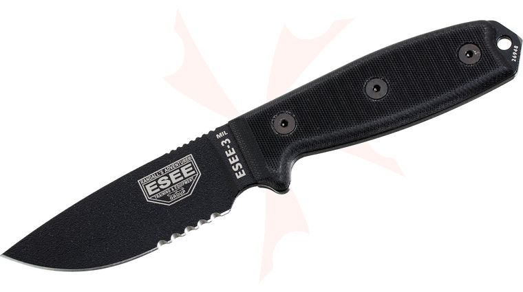 ESEE Knives ESEE-3MIL-S-BLK Combo Edge, Black G10 Handles, Black Sheath, MOLLE Back and Clip Plate