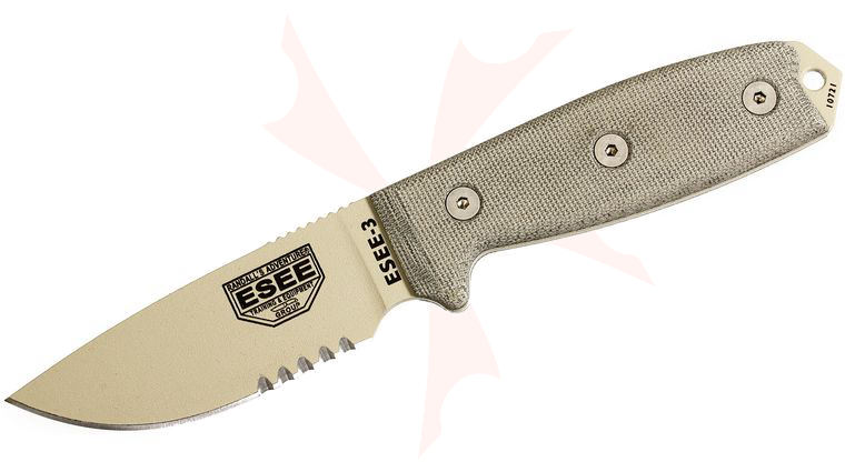ESEE Knives ESEE-3S-DT Desert Tan Combo Edge, OD Green Sheath, Clip Plate