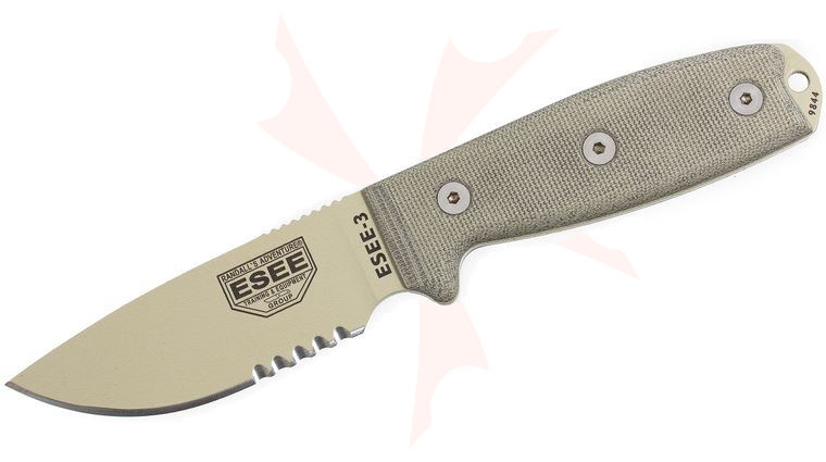ESEE Knives ESEE-3SM-MB-DT Desert Tan Combo Edge, Rounded Pommel, OD Green Sheath, MOLLE Back and Clip Plate