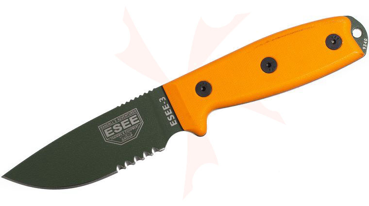 ESEE Knives ESEE-3SM-OD OD Green Combo Edge, Orange G10 Handles, Rounded Pommel, Black Sheath, Clip Plate