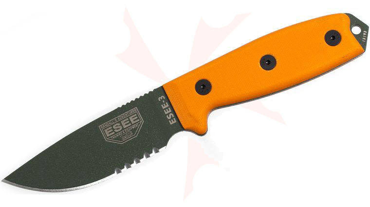 ESEE Knives ESEE-3S-MB-OD OD Green Combo Edge, Orange G10 Handles, Black Sheath, MOLLE Back and Clip Plate
