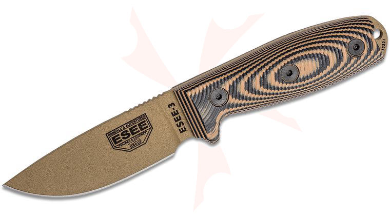 ESEE Knives ESEE-3PMDE-005 Flat Dark Earth Plain Edge, 3D Machined Coyote Brown/Black G10 Handles, Black Sheath, Clip Plate