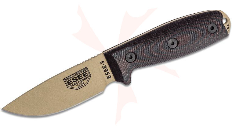 ESEE Knives ESEE-3PMDT-004 Desert Tan Plain Edge, 3D Machined Blood Red/Black G10 Handles, Black Sheath, Clip Plate