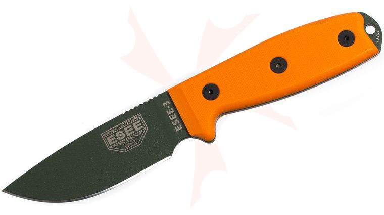 ESEE Knives ESEE-3PM-OD OD Green Plain Edge, Orange G10 Handles, Rounded Pommel, Black Sheath, Clip Plate