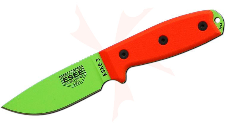 ESEE Knives ESEE-3PM-VG Venom Green Plain Edge, Orange G10 Handles, Black Sheath, Clip Plate