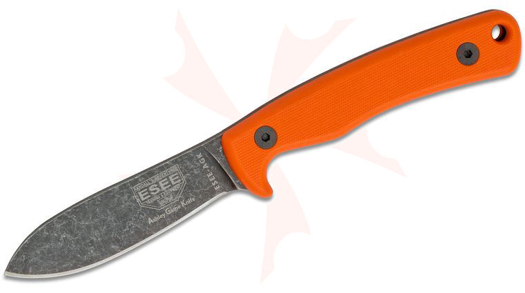 ESEE Knives Ashley Game Knife (AGK) Fixed 3.5 inch 1095 Black Stonewashed Blade, Orange G10 Handles, Leather Sheath