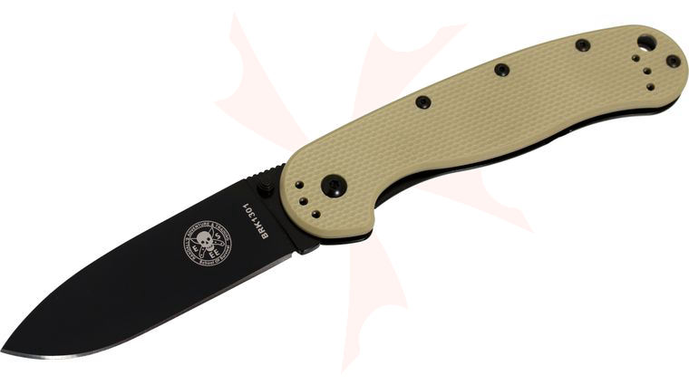 Avispa Folding Knife 3.5 inch Black AUS-8 Blade, Desert Tan FRN and Stainless Steel Handles, Designed by ESEE