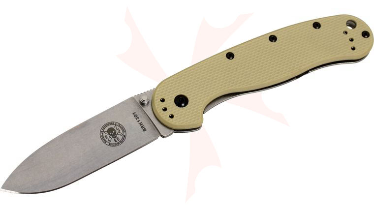 Avispa Folding Knife 3.5 inch Stonewashed AUS-8 Blade, Desert Tan FRN and Stainless Steel Handles, Designed by ESEE