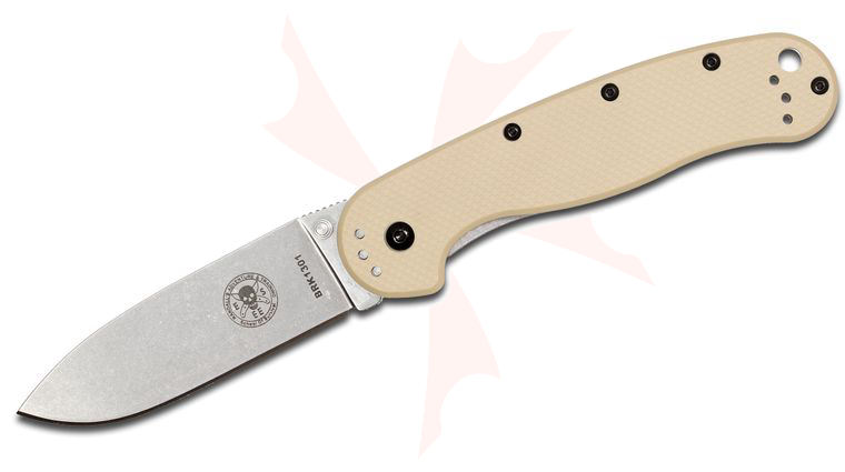 Avispa Folding Knife 3.5 inch Stonewashed D2 Blade, Desert Tan FRN and Stainless Steel Handles, Designed by ESEE