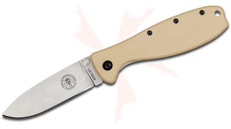 Zancudo Folding Knife 3 inch Stonewashed D2 Blade, Desert Tan FRN and Stainless Steel Handles, Designed by ESEE