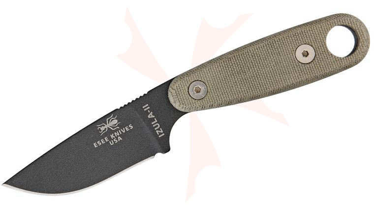 ESEE Knives IZULA-II-TG Tactical Neck Knife Fixed 2.875 inch 1095 Carbon Blade, Gunsmoke Powder Coat, Micarta Handles, Black Sheath, Clip Plate