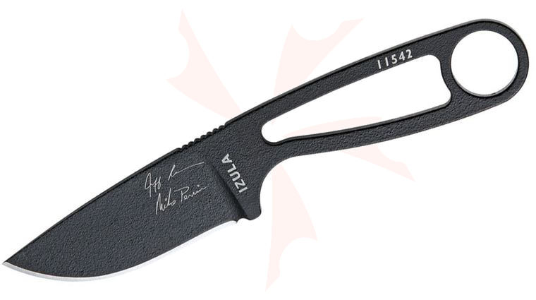 ESEE Knives IZULA-BS Neck Knife Fixed 2.875 inch 1095 Carbon Blade, Black Signature Engraved Powder Coat, Black Sheath, Clip Plate