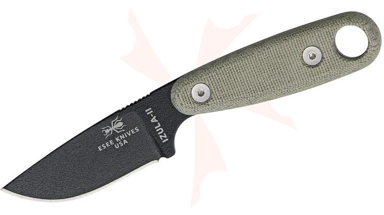 ESEE Knives IZULA-II-B Neck Knife Fixed 2.875 inch 1095 Carbon Blade, Black Powder Coat, Micarta Handles, Black Sheath, Clip Plate