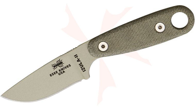 ESEE Knives IZULA-II-DT-KIT Neck Knife Fixed 2.875 inch 1095 Carbon Blade, Desert Tan Powder Coat, Micarta Handles, Black Sheath, Complete Survival Kit