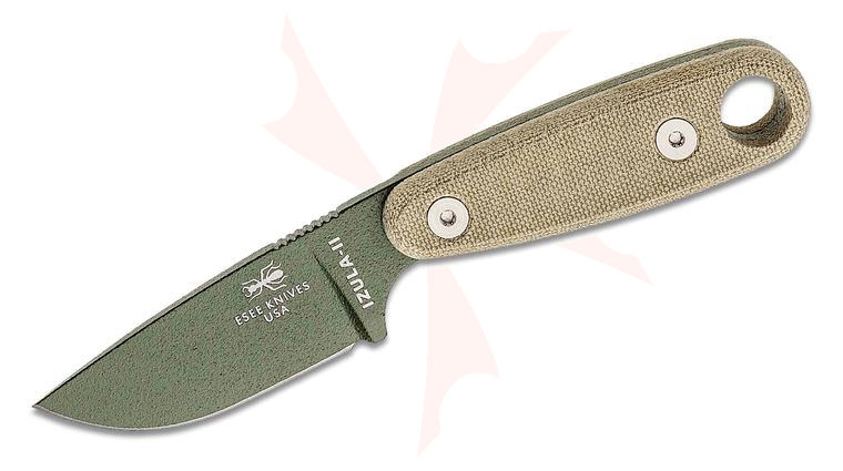 ESEE Knives IZULA-II-OD-KIT Neck Knife Fixed 2.875 inch 1095 Carbon Blade, OD Green Powder Coat, Micarta Handles, Black Sheath, Complete Survival Kit