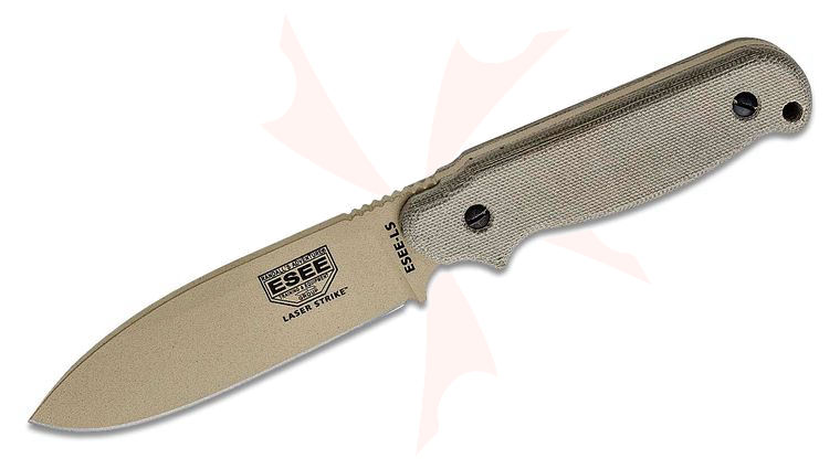 ESEE Knives Laser Strike Survival Fixed 5 inch Desert Tan Blade, Fire Steel and Tinder Tabs in Micarta Handles, Kydex Sheath