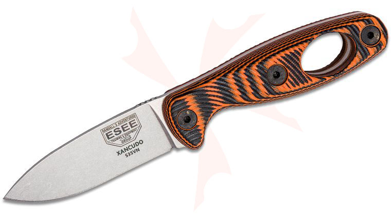 ESEE Knives ESEE-XAN1-006 Xancudo Fixed Blade Knife 3 inch S35VN Stainless Plain Edge, 3D Machined Orange/Black G10 Handles with Carabiner Hole, Black Sheath